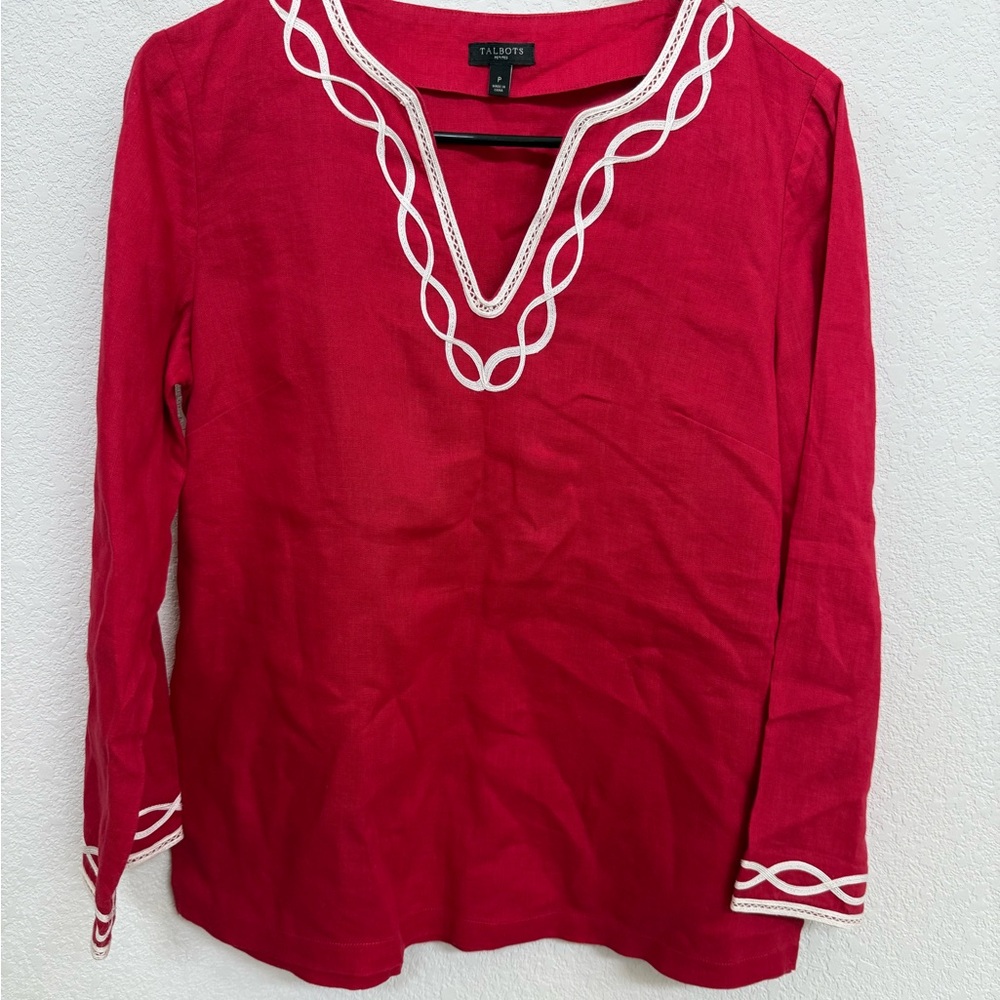 Talbots Red 3/4 Sleeve Blouse with White Trim